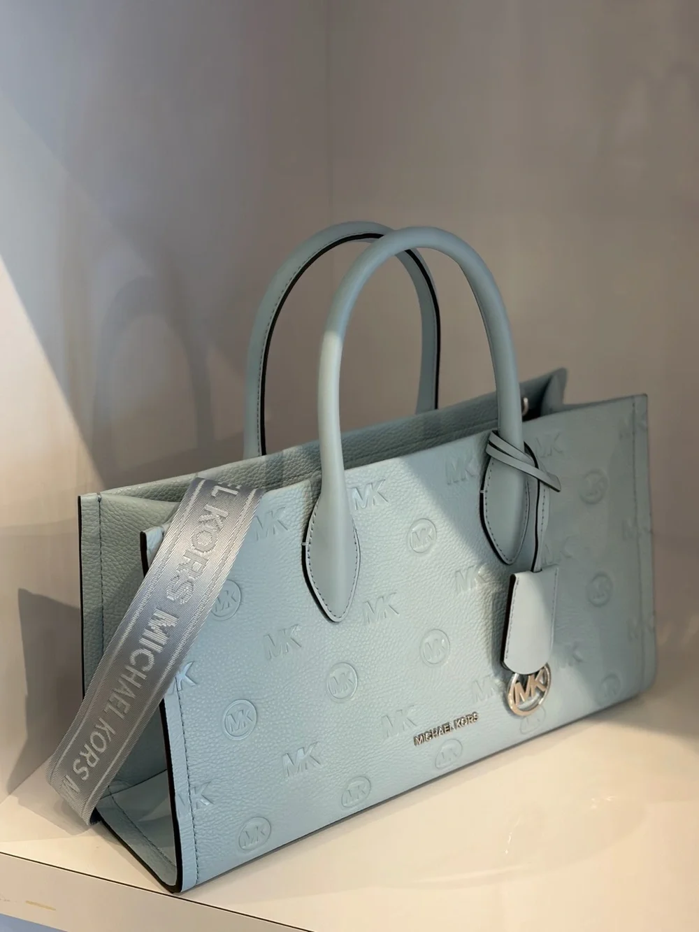 Michael Kors Light Blue Embossed MK Satchel with Detachable Strap